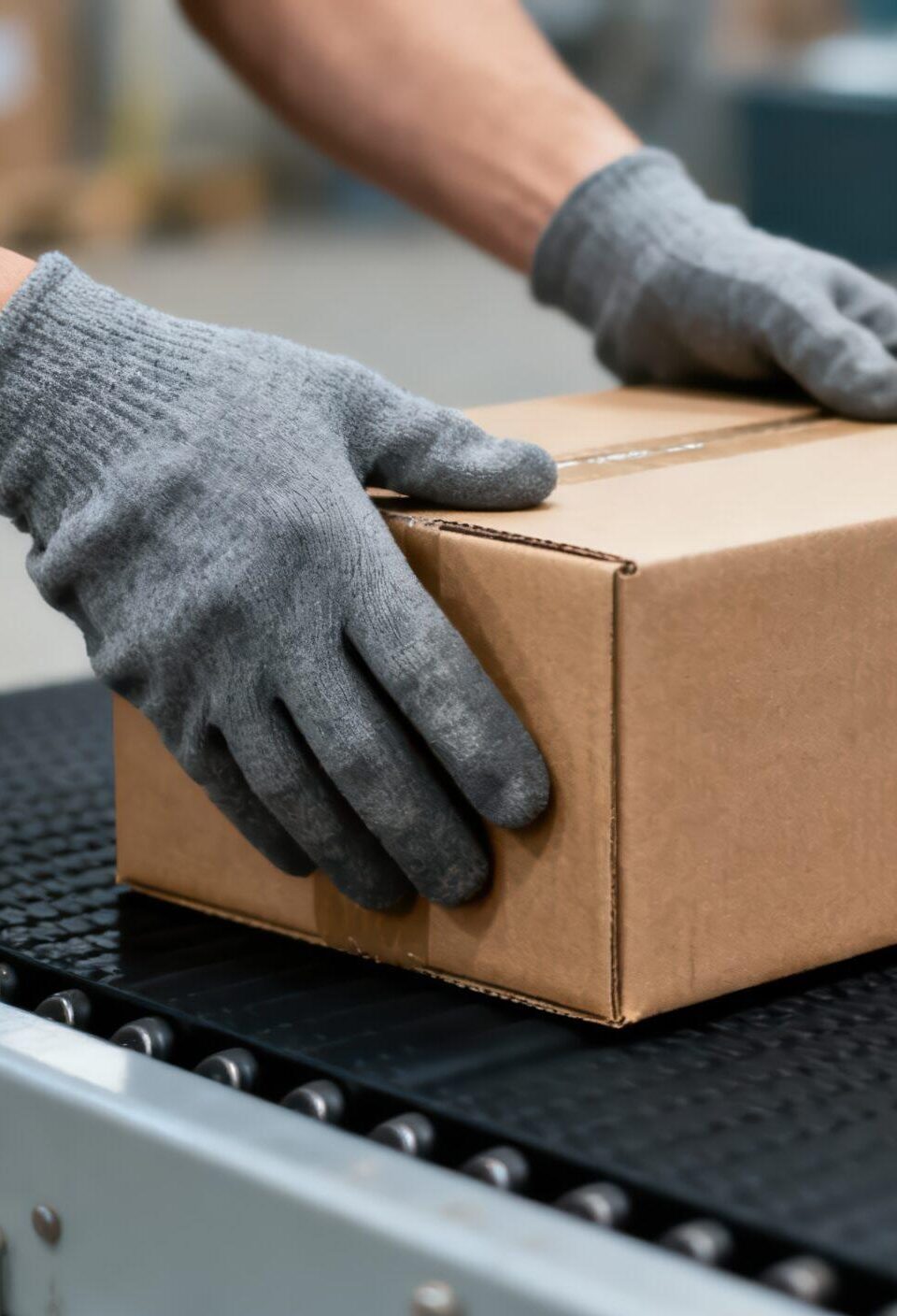 Warehouse worker hands holding cardboard box on conveyor belt. Industrial packaging and shipping logistics concept