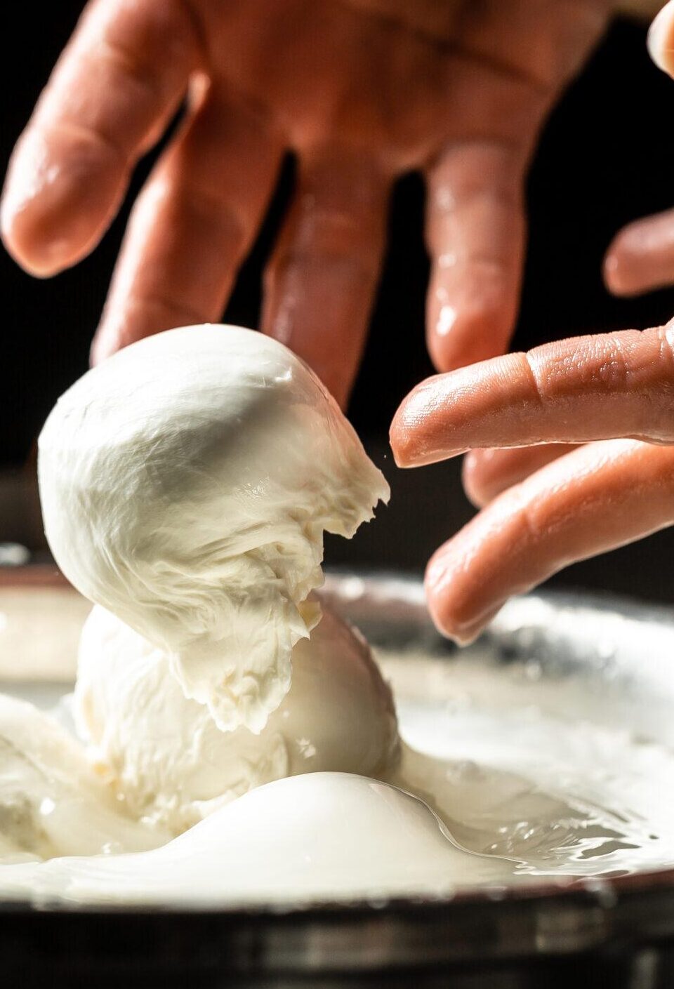 The homemade cheese maker produces handmade mozzarella with fresh bio milk. process of making mozzarella. Italian hard cheese silano or caciocavallo in cheesemaker hands